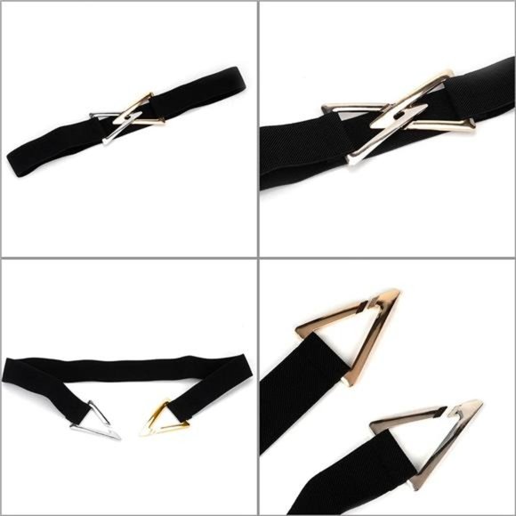 Elastic Adjustable Waist Belt Gold Silver Triangle Buckle Skinny Retro Black main image 6